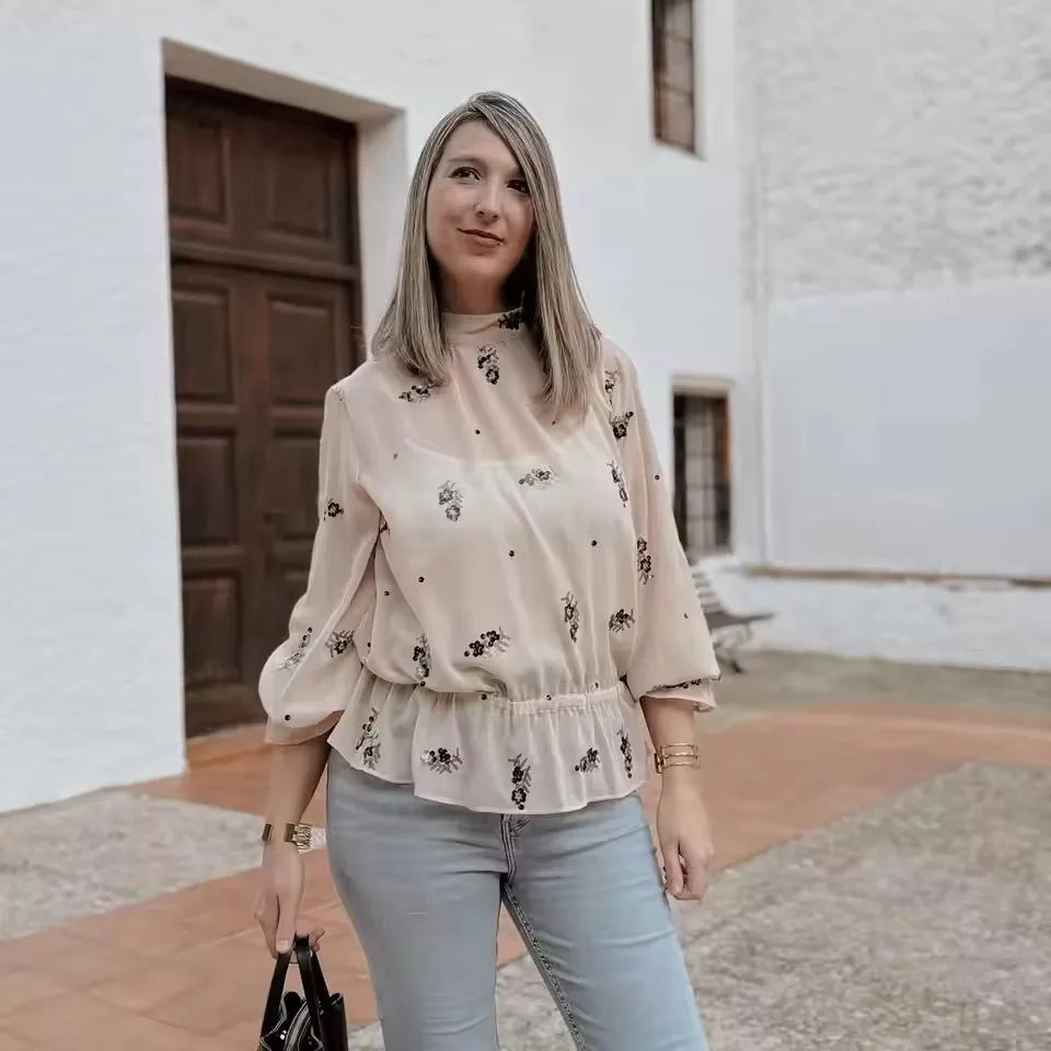 Chic Floral Sequin Women Blouse Long Sleeve Loose Shirts New Fashion 2026 Spring Holiday Casual Elegant Blouse Top