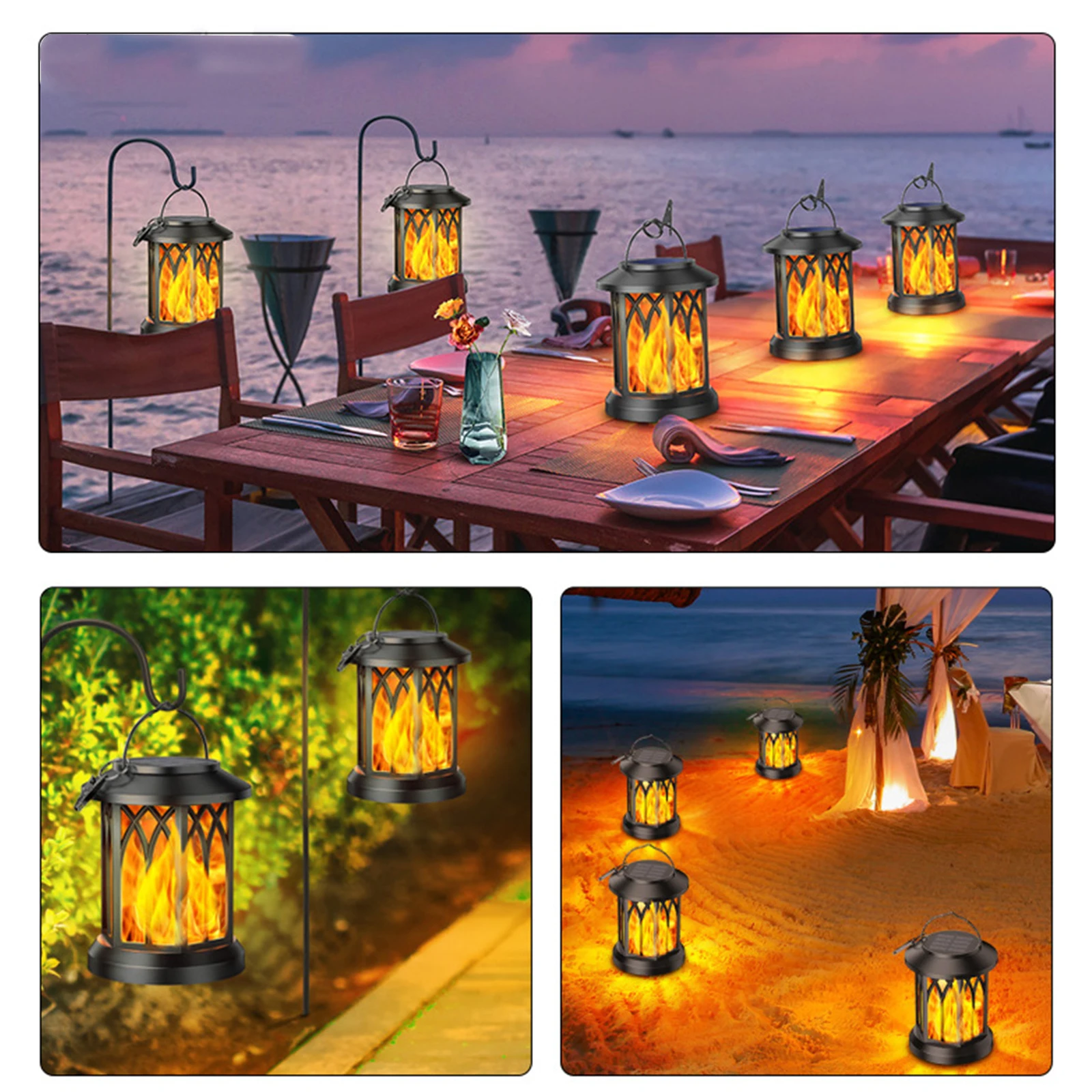 2 PCS Solar Lantern Hanging Flame Camping Lamp Outdoor Waterproof for Porch  Yard