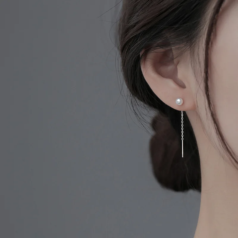 925 Sterling Silver Pink Round Beads Drop Earring Long Tassels Ear Wire for Women Girl Fashion Minmalist Jewelry Accessory Party