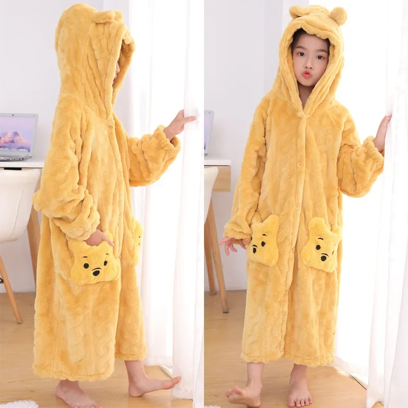 New Winter Sleepwear for Kids Fashion Children Flannel Warm Bathrobe Yellow Cartoon Bear Bath Robe Teenage Hooded Long Homewear