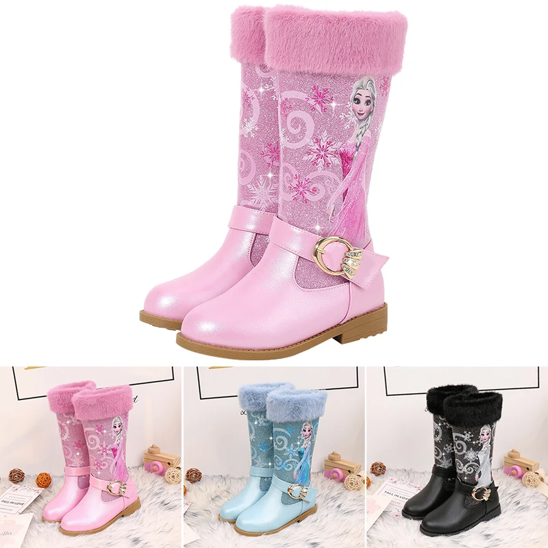 

Winter Disney Frozen Girls Princess Elsa Snow Boots Kids Plush Warm Padded Fur Boot Non-slip Shoes Cartoon Print Baby Sneakers