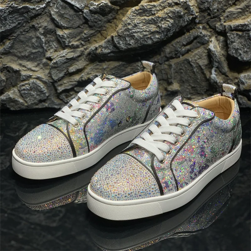 

Luxury Designer Low Top Red Bottoms Pink Rhinestone Crystal Shoes For Men's Casual Flats Loafers Women's Wedding Brands Sneakers