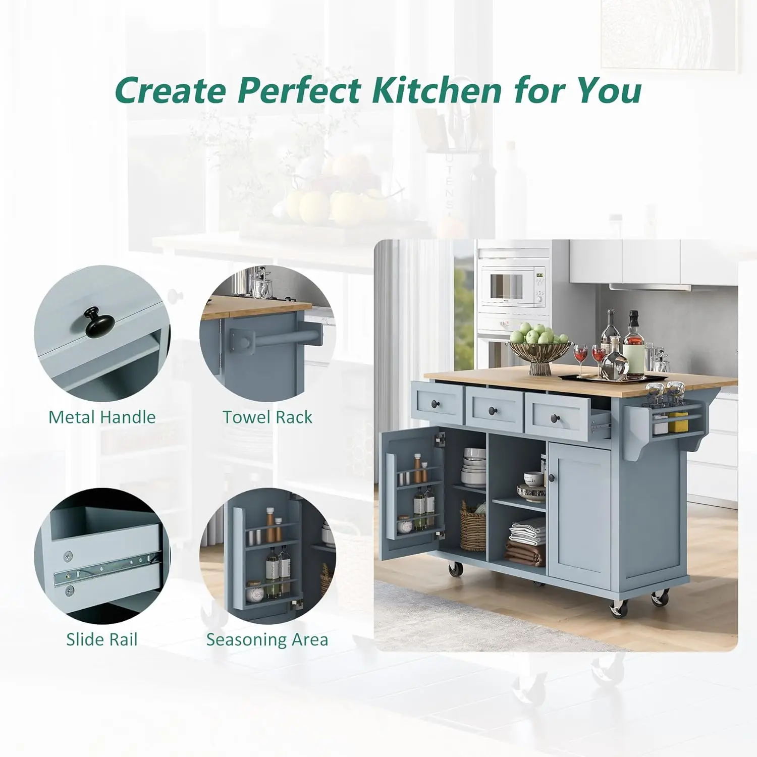 Kitchen Island on Wheels with Drop Leaf, Wood Kitchen Island Cart with Internal Storage Racks, Rolling Kitchen Island 4