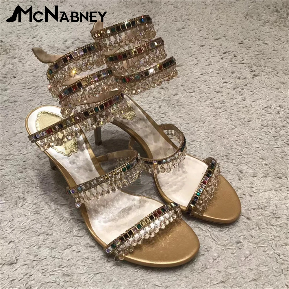 

Crystal Ankle Strap Sandals Luxurious Bling Bling High Heels Round Toe Stiletto Jewel Decoration Summer Shoes for Women New In