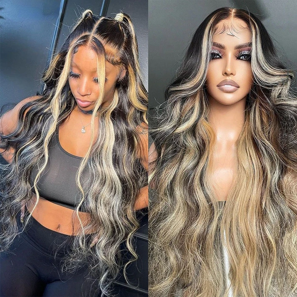 

Ash Blonde Highlights 13x4 Lace Frontal Wig for Women Black Roots Ombre Body Wave Synthetic Wig Pre Plucked