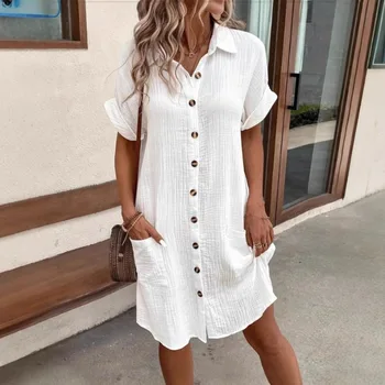 Women's Cotton Linen Shirt Dress Casual Short Sleeve Button Down V Neck Tunic with Pockets Loose Fit Summer Midi Dress White 1