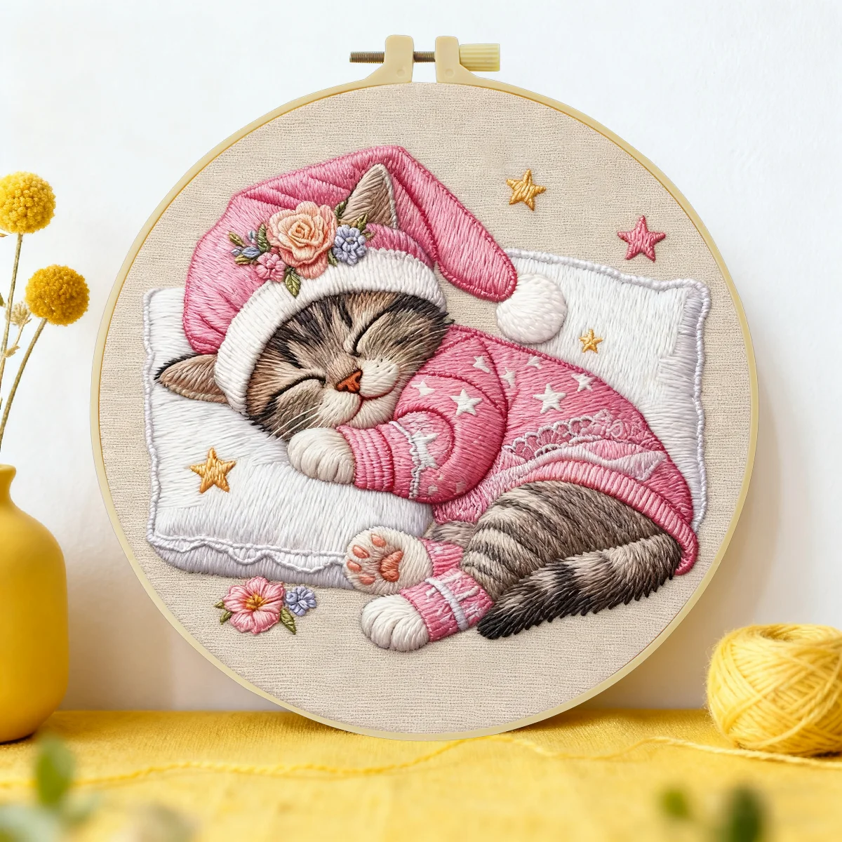1 Stück 20X20CM/15X15CM 7,87/6,3 Zoll Katzen-Stickerei-Starter-Kit DIY-Kit DIY-Stickerei-Set Handarbeits-Nadelkunst-Set für Anfänger
