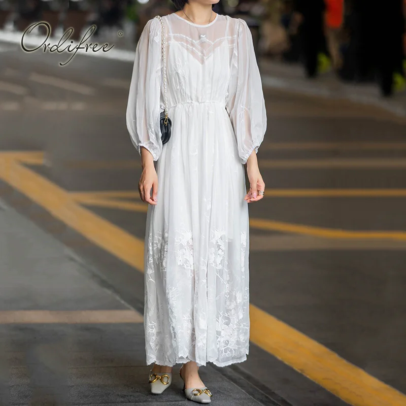 

Ordifree 2022 Summer Women White Long Dresses Lace Up Embroidery Sexy Vocation Long Sleeve Beach Maxi Dress