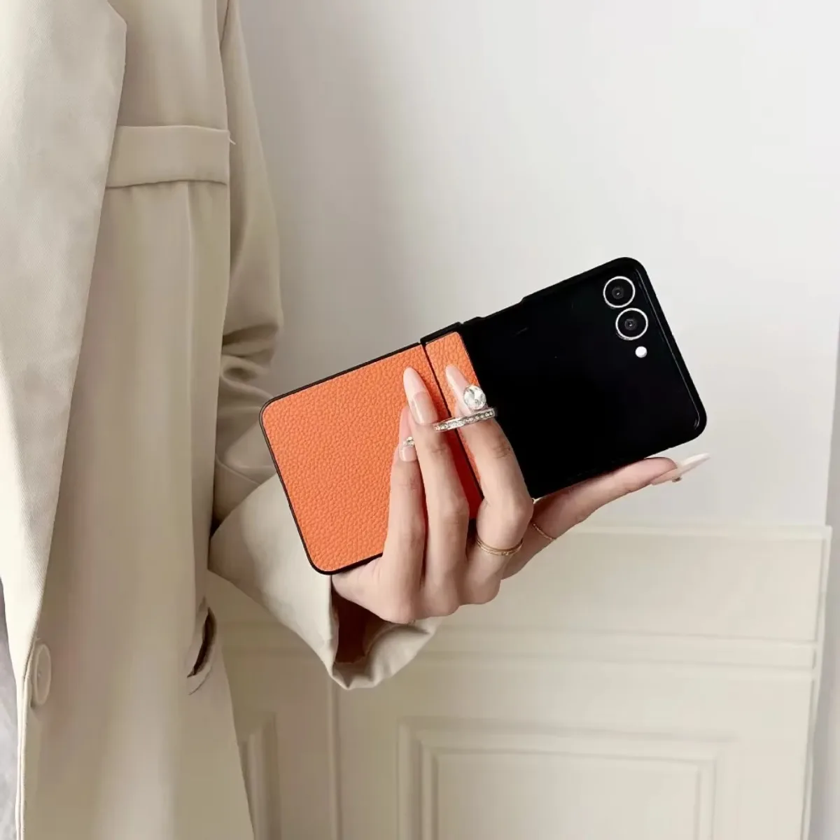 PU Leather Lychee Pattern Phone Case with Ring Holder and Hinge Protection