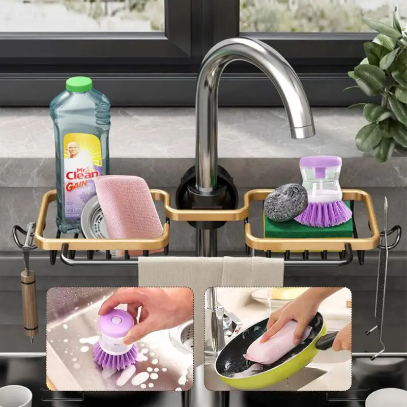 

Кухонное пространство, алюминиевая стойка для слива раковины, настенный органайзер для мыла, аксессуары для ванной комнаты, двусторонняя бамбуковая губка