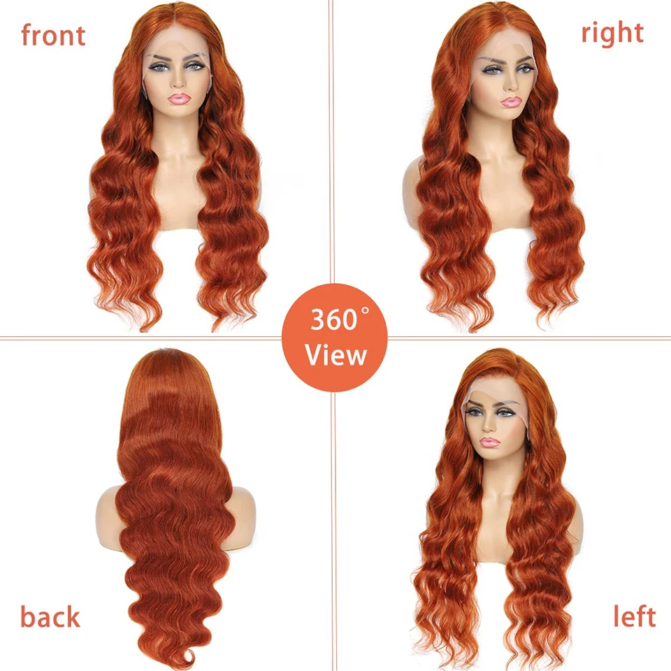 Onda do corpo Lace Front Perucas, Cabelo Humano, Gengibre Laranja Peruca, HD Lace Frontal Perucas, Pré Arrancado com o Cabelo do Bebê, 13x4