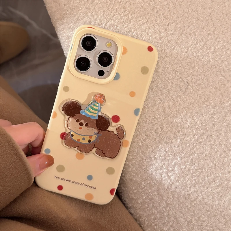 Cartoon Cute Puppy Polka Dot Pattern Case For iPhone 16 Pro Max 15 13 14 12 16 Plus Soft Silicone TPU Phone Back Cover