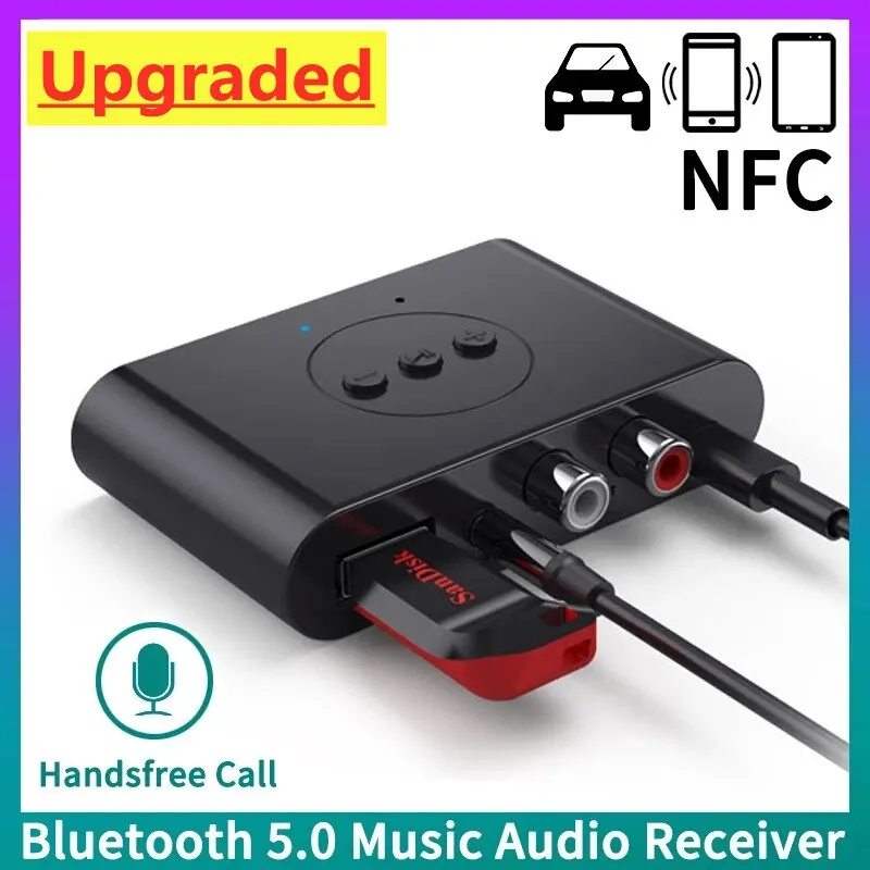 블루투스 5.0 오디오 리시버 NFC U 디스크, 3.5mm AUX RCA USB 스테레오 음악 무선 어댑터, 마이크 포함, 자..