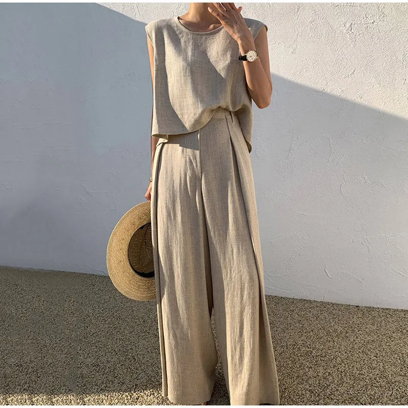 New Summer Cotton Women's Set Sleeveless O-Neck Tank Top Wide Leg Pants Two  Piece Sets Women Outifits Oversize Clothes Outfits