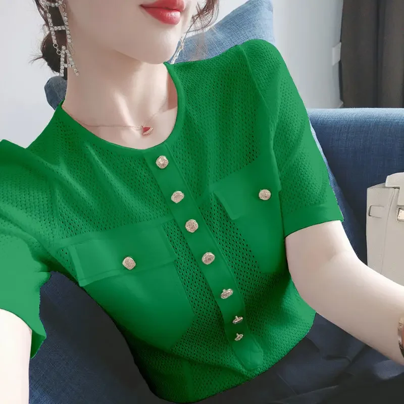 

O-Neck Solid Color Hollow Out Pockets Oversized Button Blouse Summer Casual Tops Loose Commute Women's Clothing Shirt LJ55