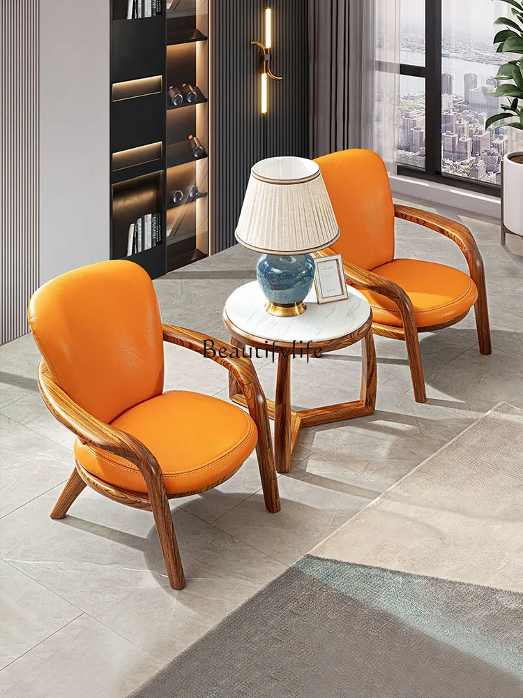 

Ugyen Wood Leather Lounge Chair Living Room Light Luxury Modern Solid Wood Single-Seat Sofa Chair
