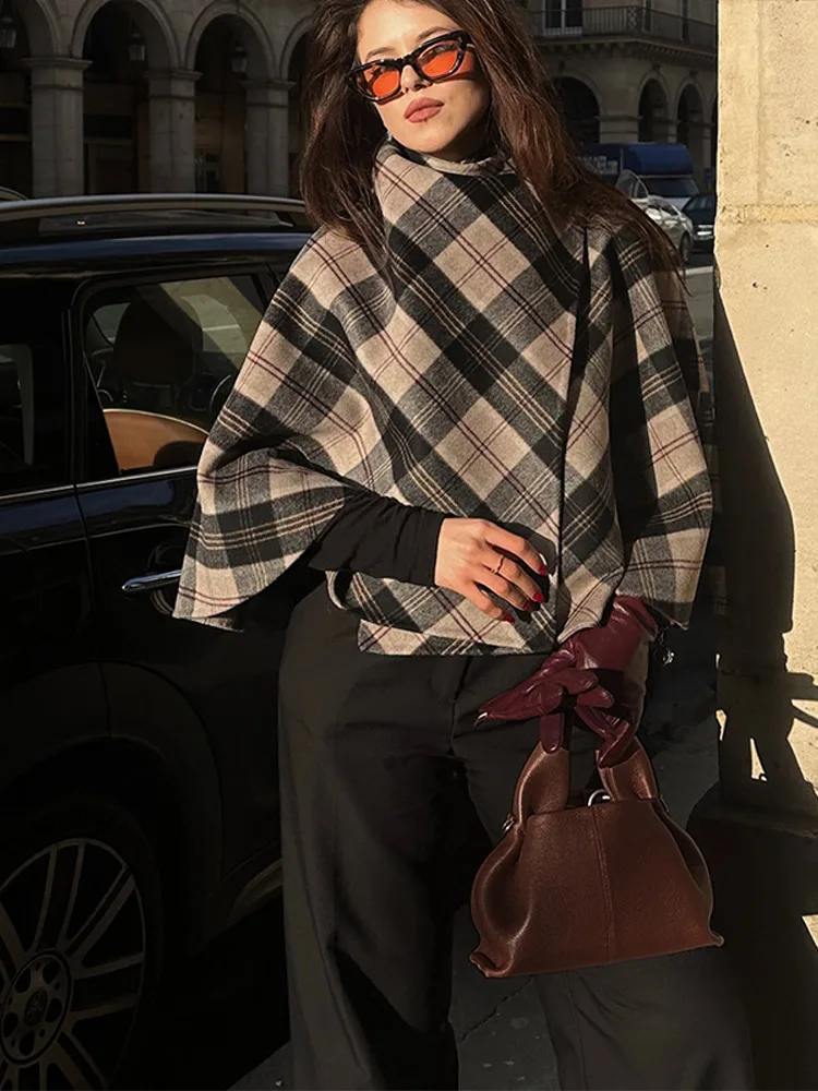 Plaid Blended Cape Shawl Short Top Grid Pattern Irregular Draping