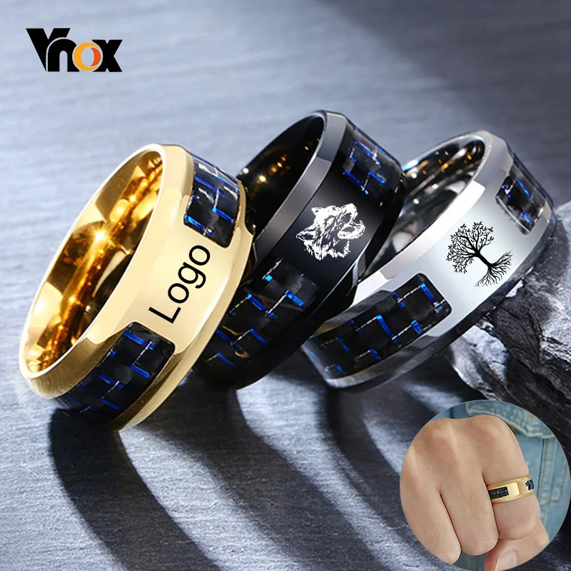 Vnox personnaliser Logo 8mm bague pour hommes en Fiber de carbone alliance personnalisé Simple icône Image cadeau significatif pour mari papa