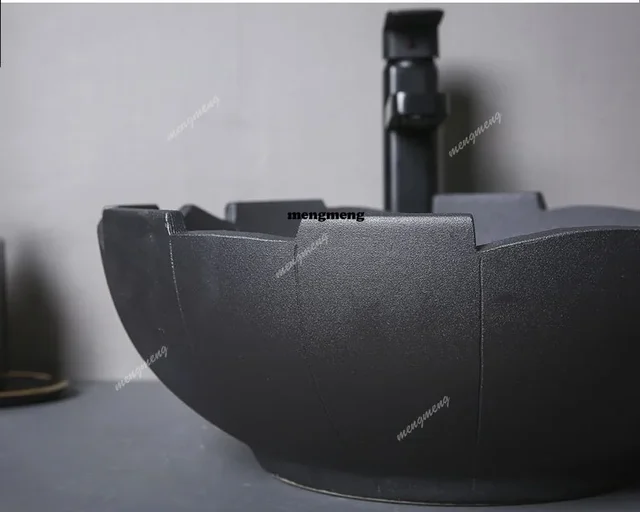 อ่างล้างหน้าเซรามิกสีดำแบบใหม่ ดีไซน์สร้างสรรค์รูปทรงเปลือกไข่ อ่างล้างหน้าสำหรับบ้าน อ่างล้างหน้าสำหรับระเบียง อ่างล้างหน้าแบบวางบนเคาน์เตอร์ 5