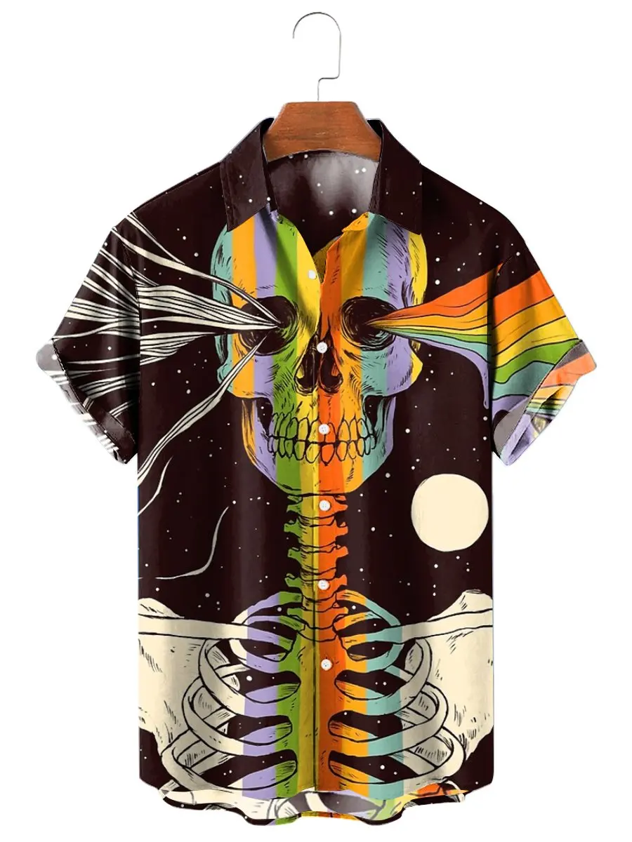 thumbnail image 1 of Camisas de hombre con estampado de calaveras y flores unisex, divertidas camisas hawaianas de manga corta con estampado de calaveras en 3D, camisas con solapa estampadas para hombre, 1 of 5