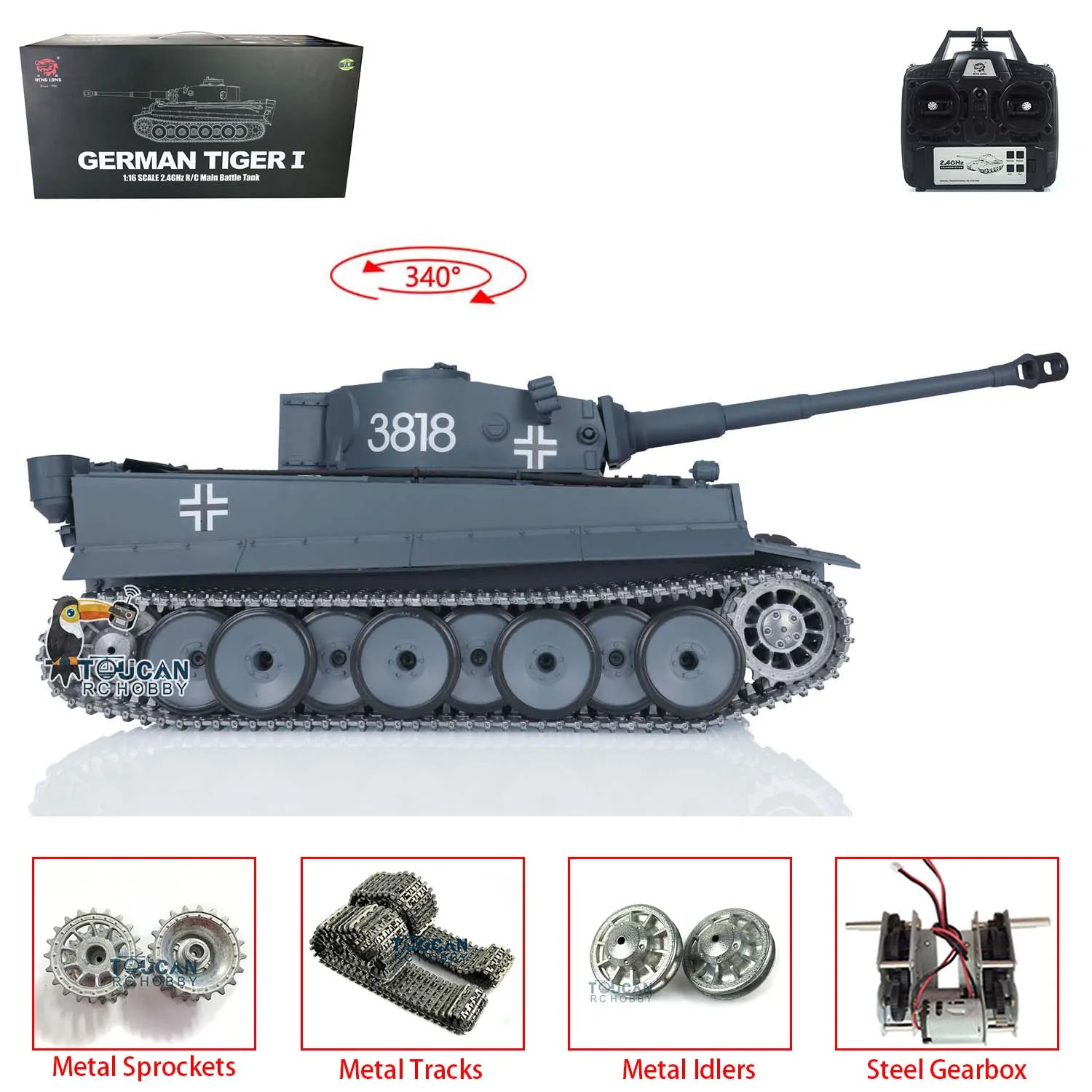 Outdoor Toys Heng Long 1/16 Scale 7.0 Upgraded Version German Tiger I RTR RC Tank 3818 Metal Tracks Radio Smoke  Model Gift 3