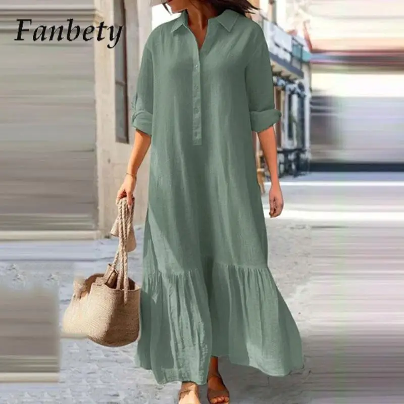 

Cotton Linen Lapel Long Irregular Dress Casual Shirt Single-Breasted Commuter Dress Elegant Pullover Ruffle Edge Splicing Dress