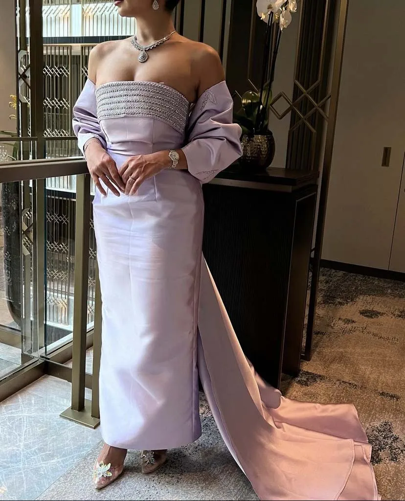 

2023 Lavendor Evening Dresses Off the Shoulder Beaded Pearls Sheath Vestidos De Fiesta with Overskirt