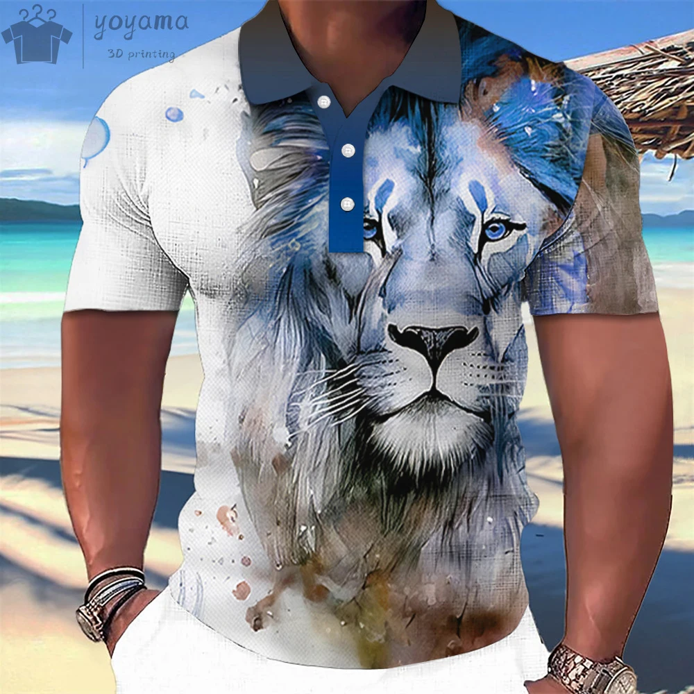 Fashion Lion Pattern Polo T-Shirt for Men 3D Animal Print T-Shirts Hip Hop Trend Street Tops Lapel Short Sleeve Men's Clothing