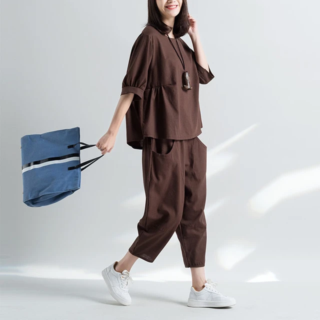 2022 Summer New Women 2 Pieces Pant Sets Cotton And Linen Casual