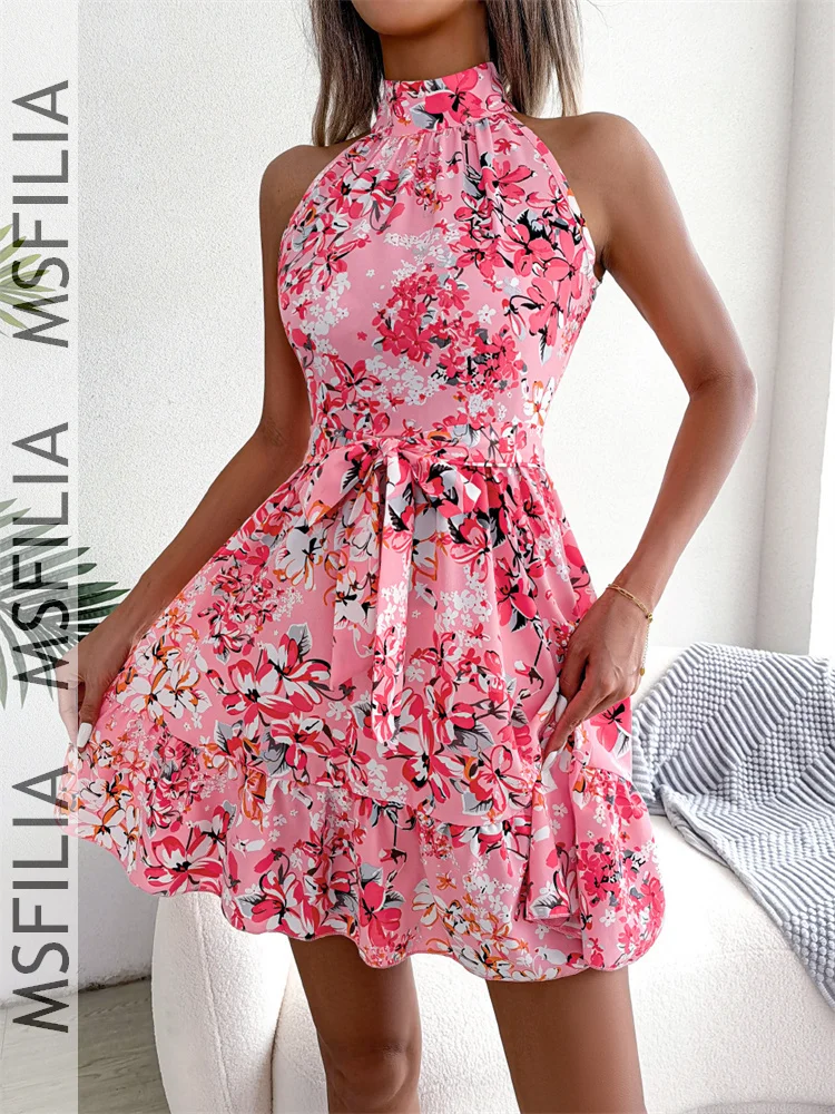 Msfilia Spring Summer Sexy Leopard Print Ruffled Dress Women Sleeveless Lace Up A Line Halter Neck Mini Dress