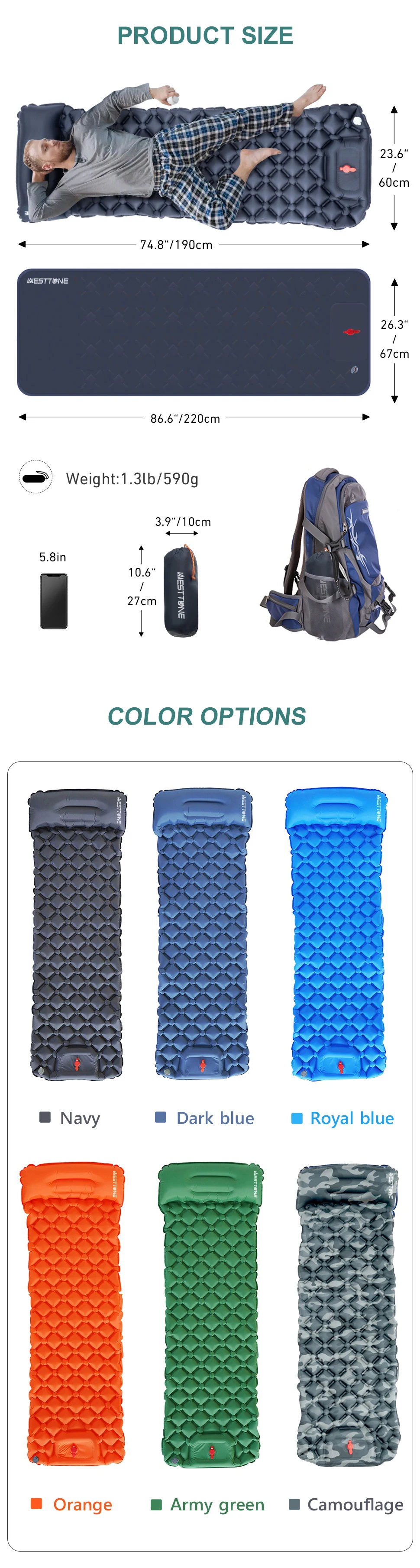Inflatable mattress for hiking and camping