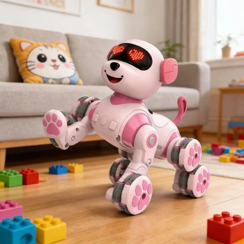 Nuovo cane robot con telecomando intelligente, cane acrobatico a 8 ruote, forma di animale domestico rosa carino, cane robot giocattolo per animali domestici per bambini