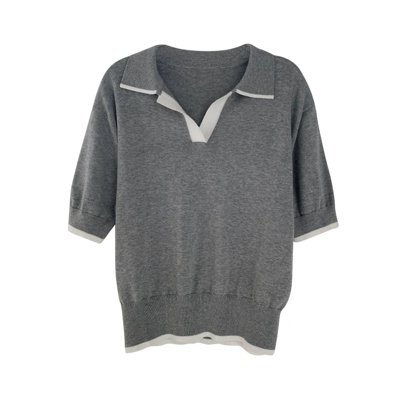 EMBELLIKE Contrast Short Sleeve Cotton Polo Collar Sweater Women Knitted Tops AliExpress