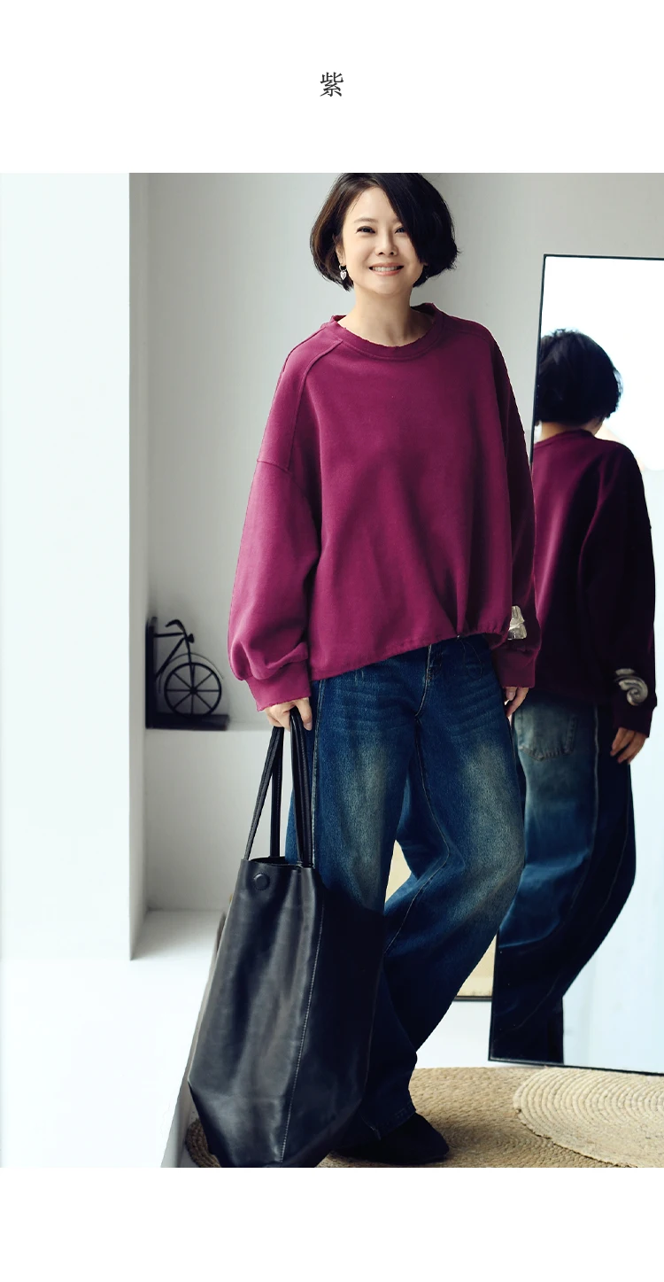 R7151C Artistic Retro Brushed Drawstring Round Neck Pullover Loose Batwing Sleeve Short Sweatshirt for Women Autumn