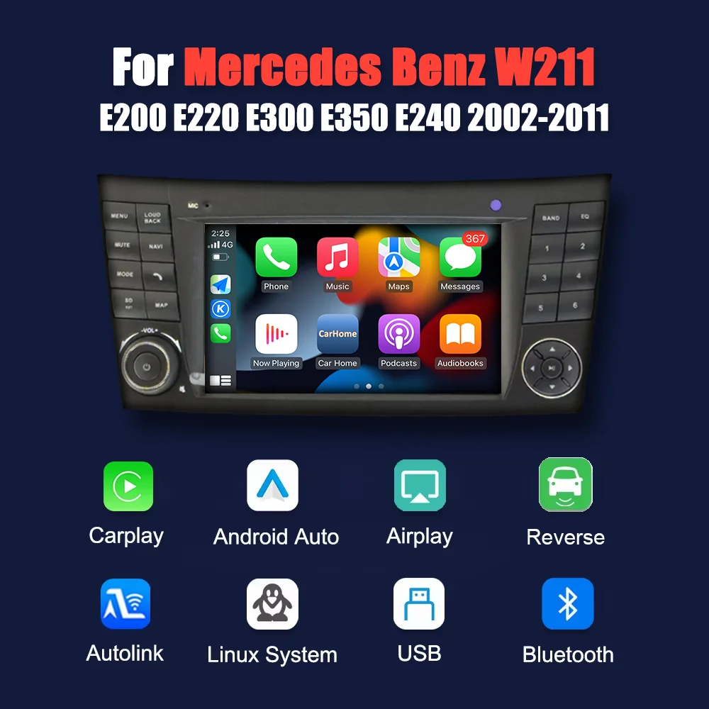 Sistema Linux de 7” para Mercedes Benz W211 E200 E220 E300 E350 E240, Radio Multimedia para coche, CarPlay inalámbrico, Android, GPS, BT, cámara trasera, DSP, SWC, navegación con pantalla táctil 2