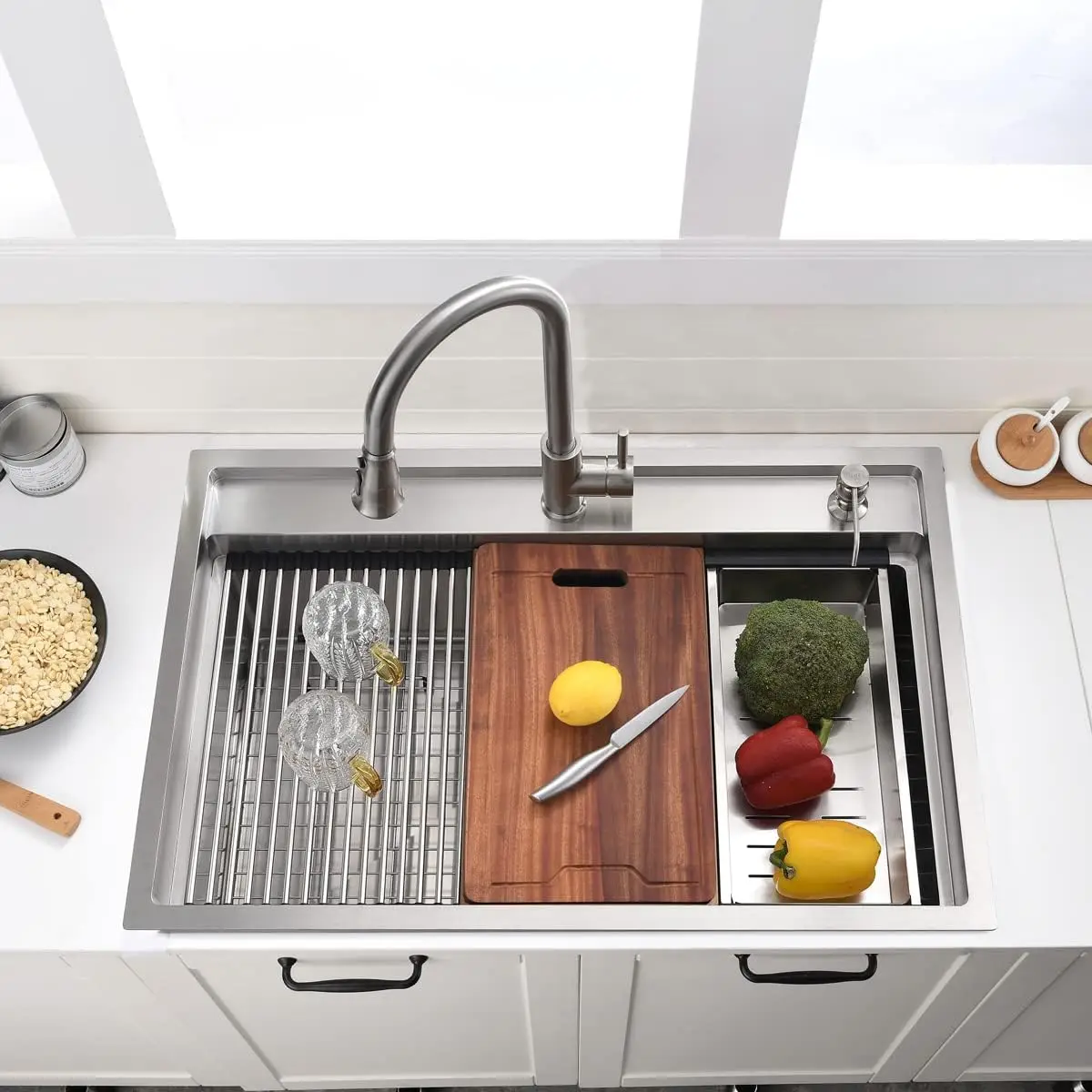 33 Inch Drop In Kitchen Sink Splash Guard Workstation - Single Bowl Kitchen Sink 16 Gauge Stainless Steel 10'' Deep Handmade 3