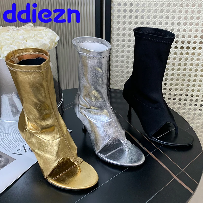 

Женские Эластичные ботильоны без застежки, золотистые ботинки с открытым носком, на каблуке, современные шлепанцы, обувь, 2023