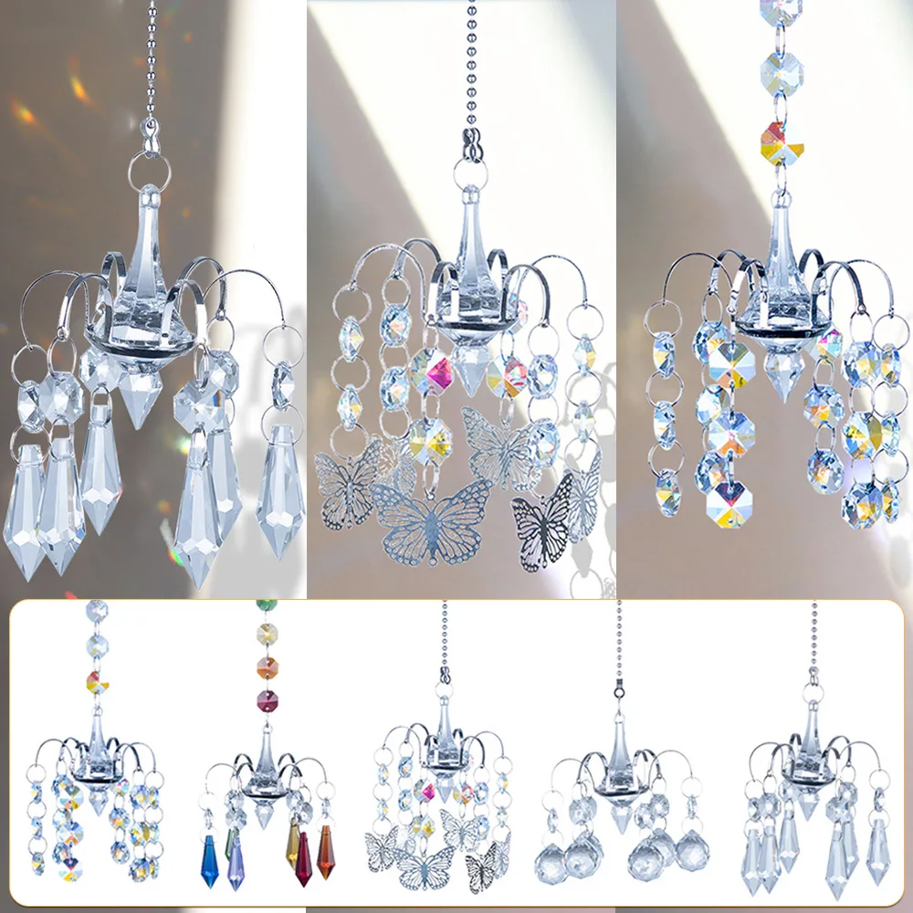 Crystal Pendant Wind Chime Chandelier Shaped Prism Faceted Hanging Jewelry Ornament Glass Sun Catchers Indoor Outdoor Decor Sun Catcher