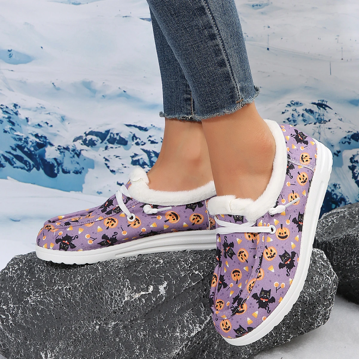 Halloween limited ladies fashion new pumpkin will fly cat print casual shoes plush shoes