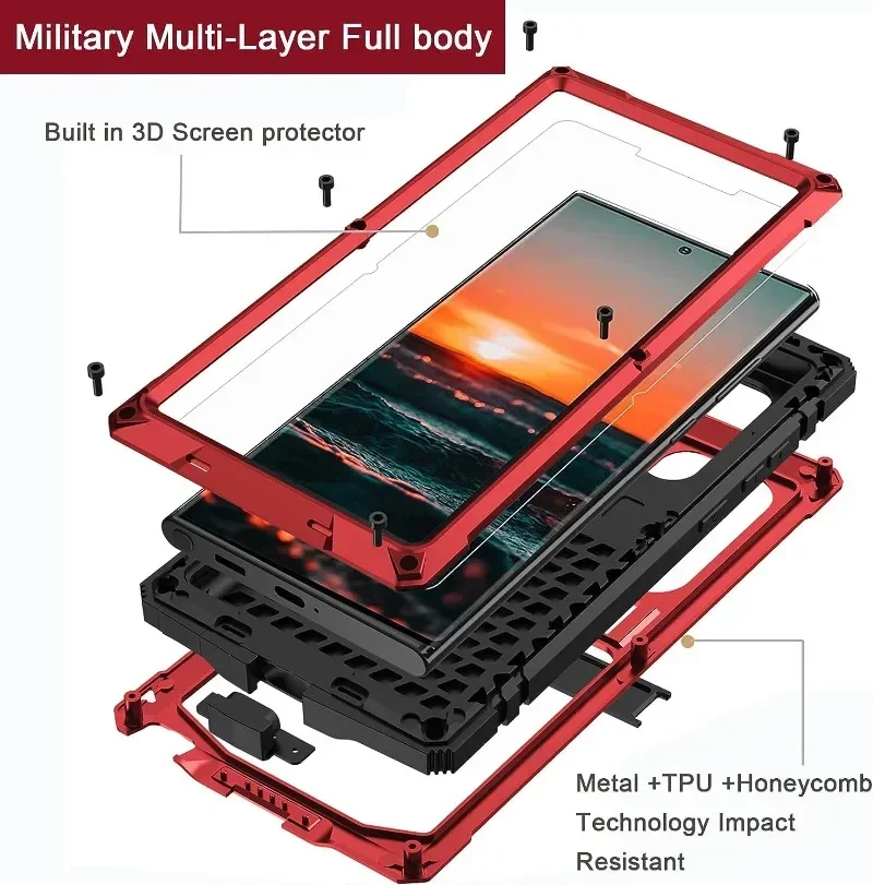 Rugged Metal Case For Samsung S23 S22 S21 S20 Ultra Plus Note 20 A32 M32 Military Shockproof Cover with Screen Protector Stand