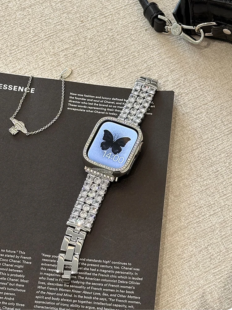 

Роскошный Алмазный ремешок для Apple Watch 38 мм 40 41 мм 42 мм 44 мм 45 мм 49 мм, Женский металлический браслет для iWatch Ultra 9 8 7 6 SE 5 4