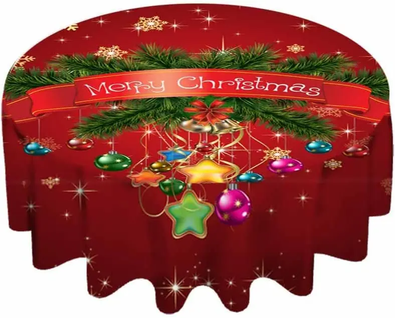 Mantel redondo navideño de 60 pulgadas, cubierta de mesa de poliéster impermeable, copos de nieve, rama de pino verde, acebo, Rojo