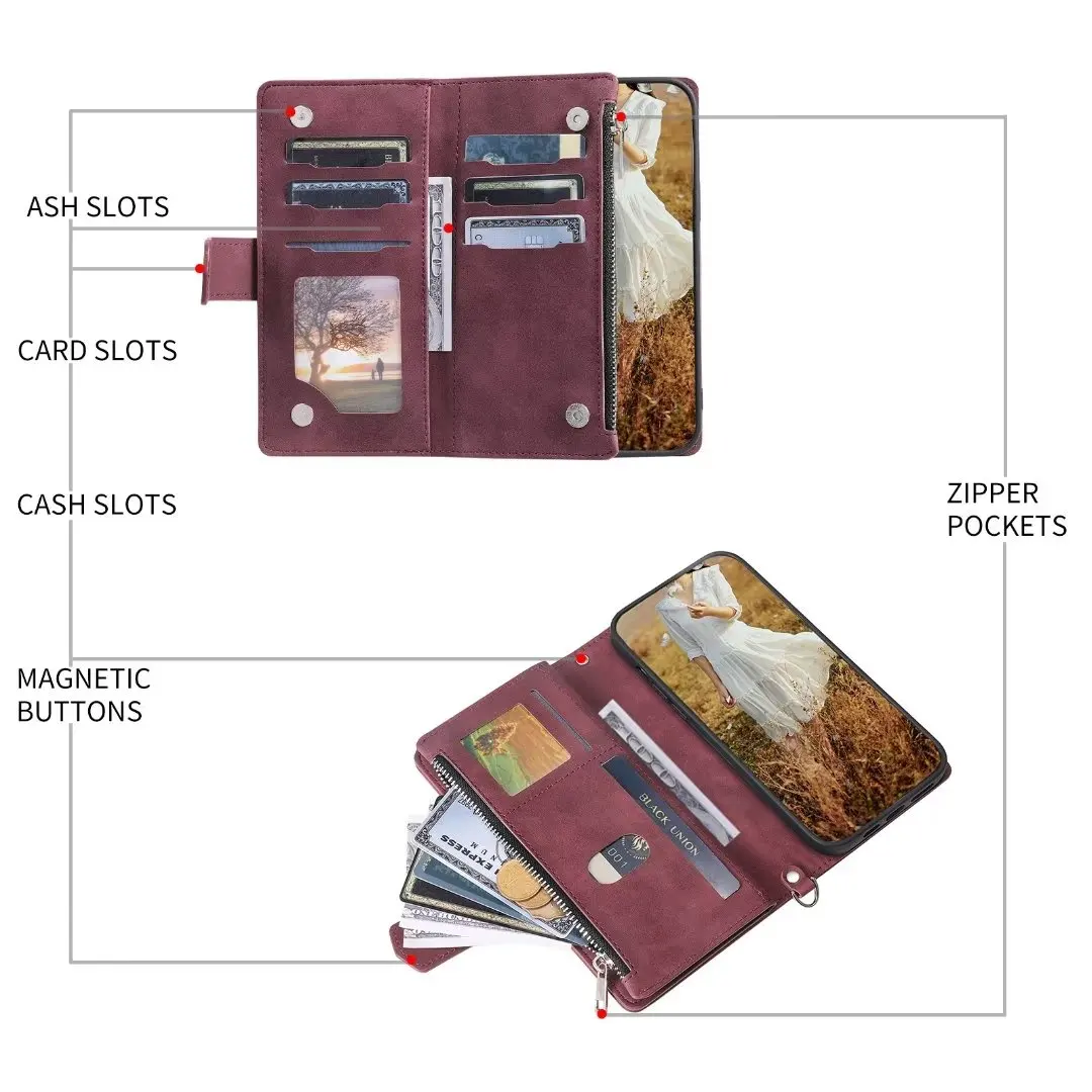 Fashion Zipper Wallet Case For Redmi 9i Flip Cover Multi Card Slots Cover Phone Case Card Slot Folio with Wrist Strap