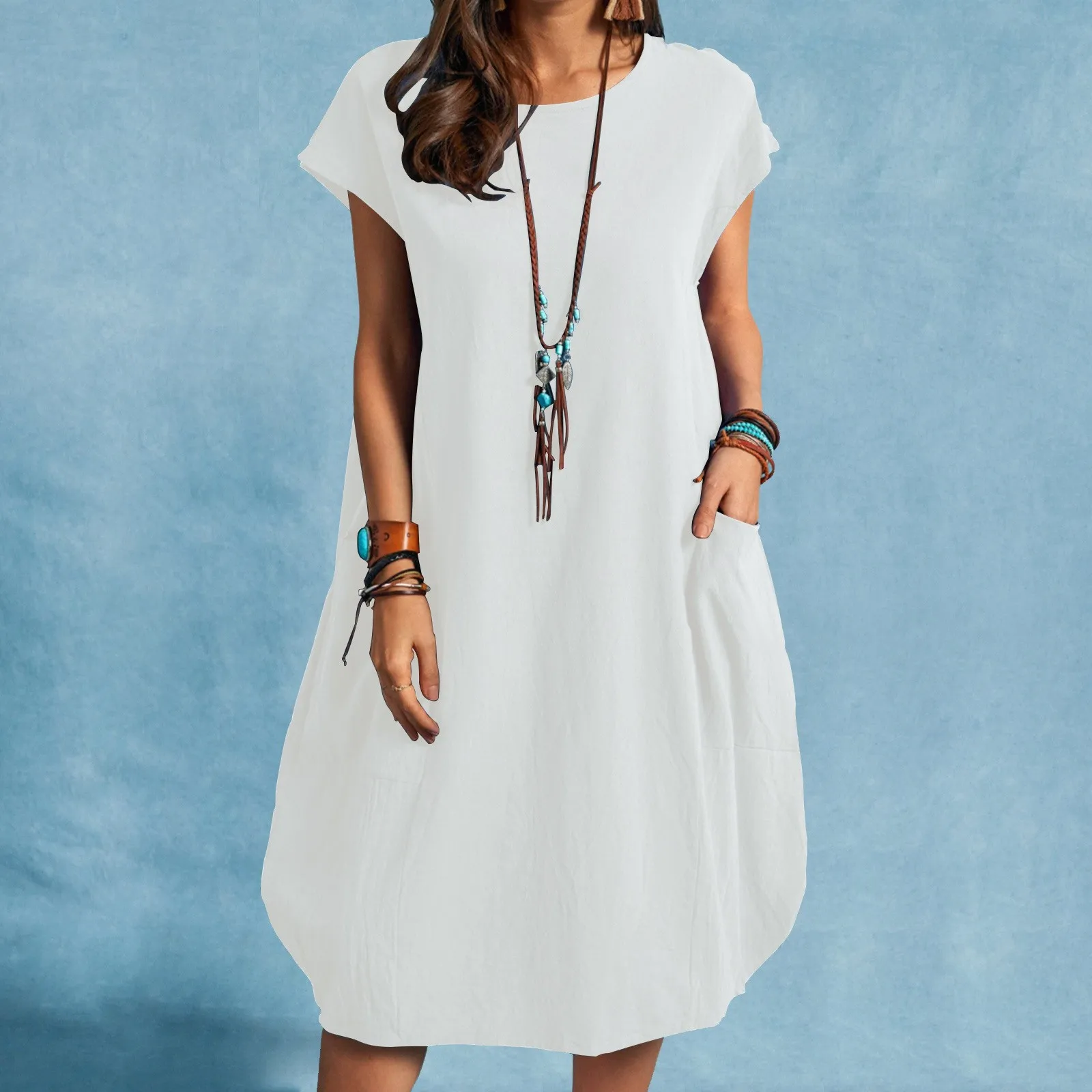 Spring and Summer Europe and the United States Amazon stand alone ebay cotton linen loose casual pure color pocket dress ladies 3