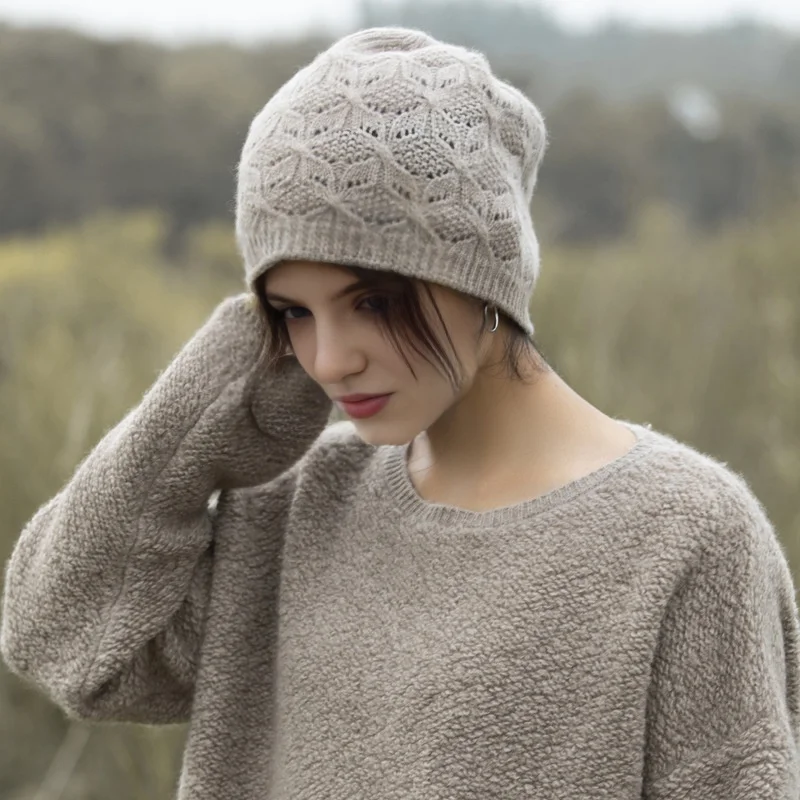 100% Merio Wool Fashion Beanies for Women Autumn Winter Fashion Hollow Out Soft Warm Wollen Skullies Cap Luxury Cashmere Bonnet 2