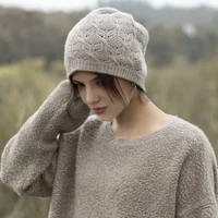 100% Merio Wool Fashion Beanies for Women Autumn Winter Fashion Hollow Out Soft Warm Wollen Skullies Cap Luxury Cashmere Bonnet 2