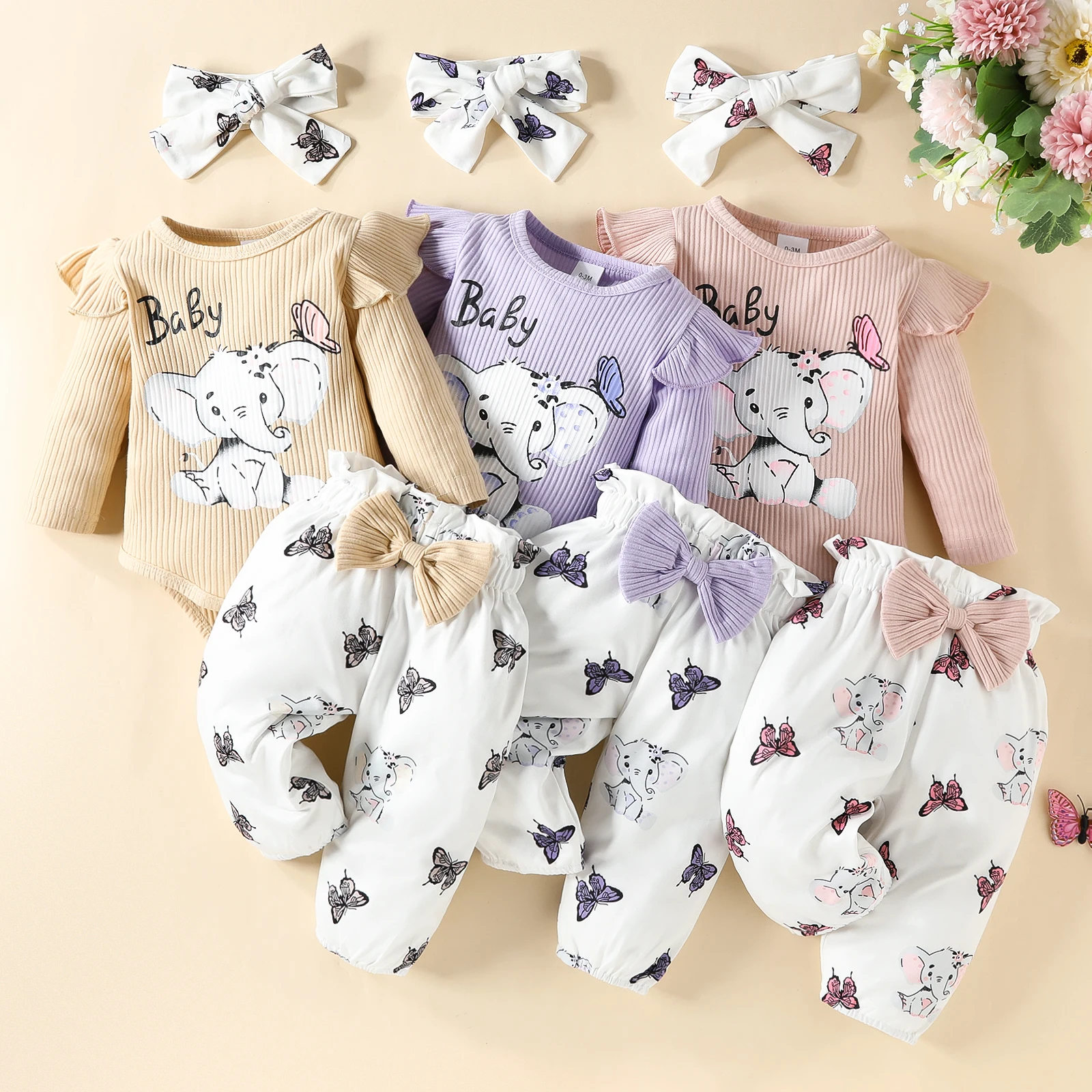 

Baby Girls Jumpsuits Set Elephant Print Fly Long Sleeves Ribbed Romper and Casual High Waist Pants Bowknot Headband Outfit