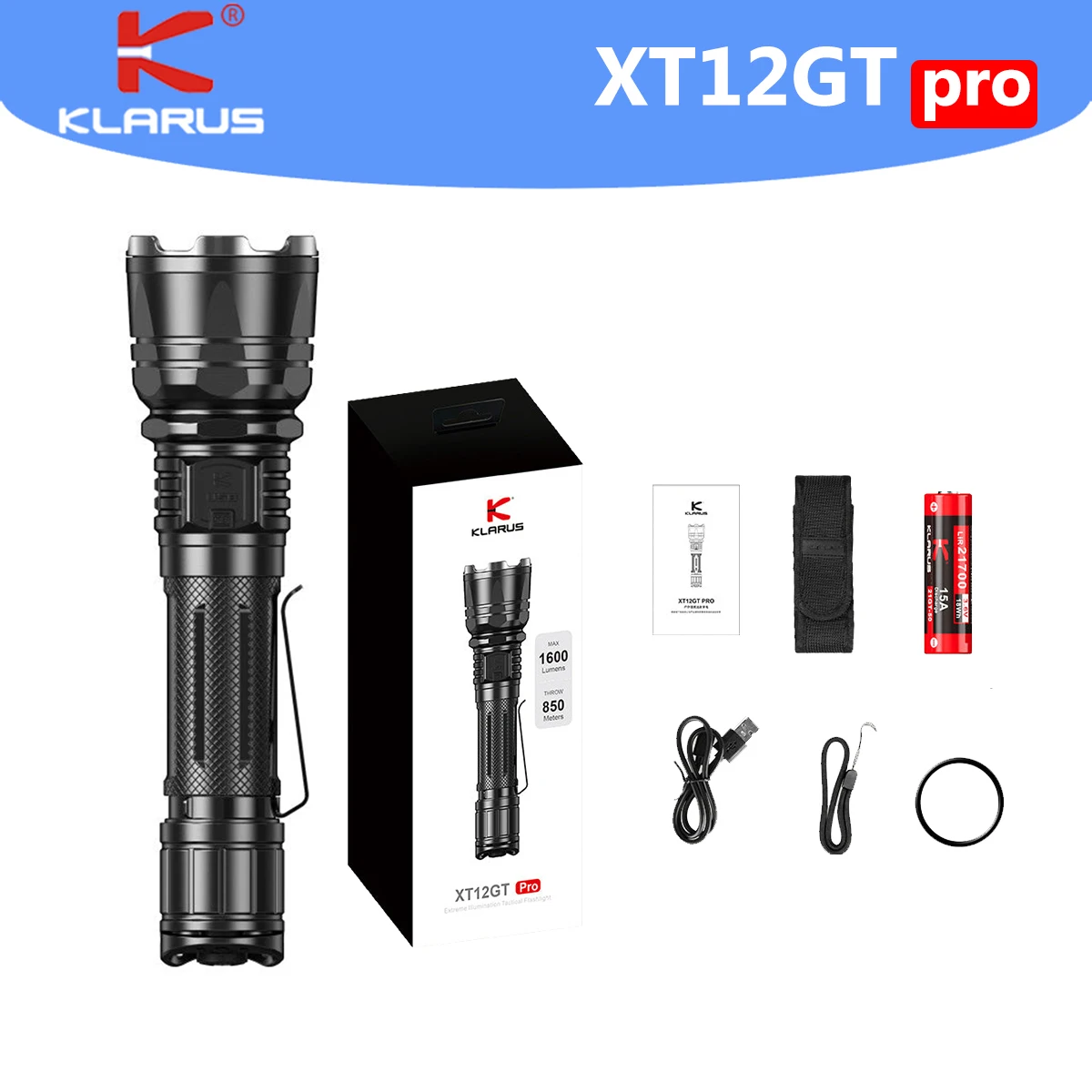 

Новейший тактический фонарик KLARUS XT12GT PRO 1600 люмен, зарядка через USB, литий-ионный аккумулятор 21700/ 18650