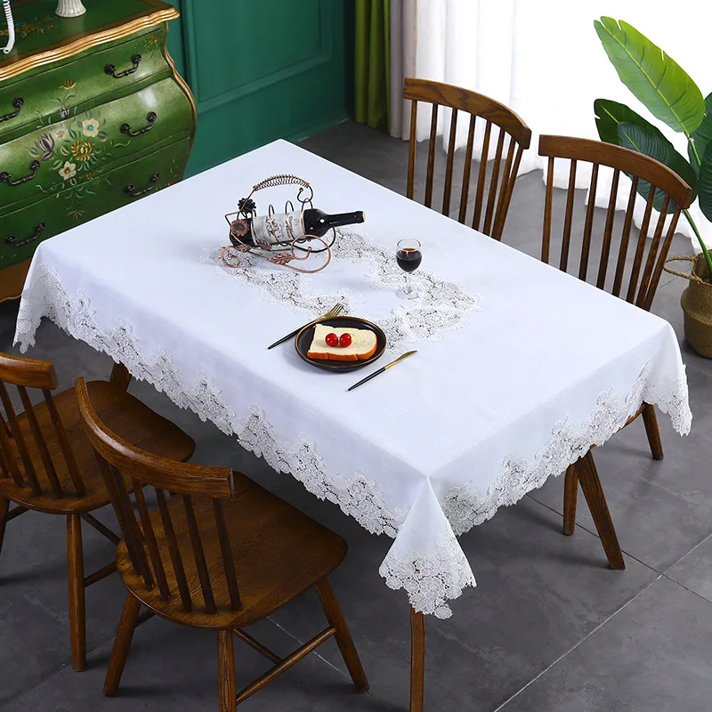Table Cover White Linen Cotton Tablecloth Rectangular Flower American Fabric Nordic Tv Cabinet Table Cloth Lace Pattern Modern - Image 2