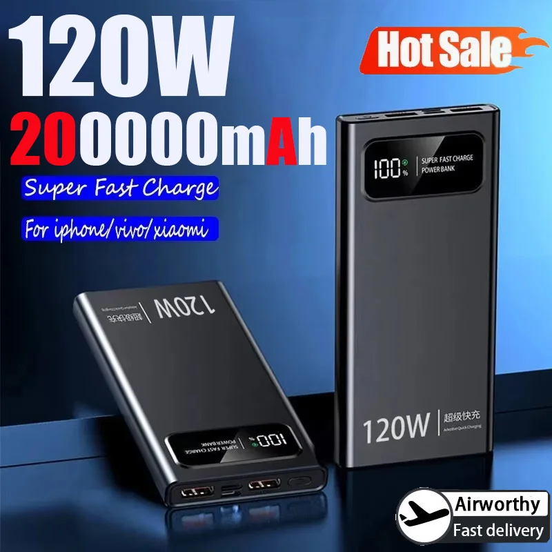 200000mAh Powerbank 120W Super Fast Charging High Capacity Digital Display External Battery Power Bank For iPhone Samsung Huawei